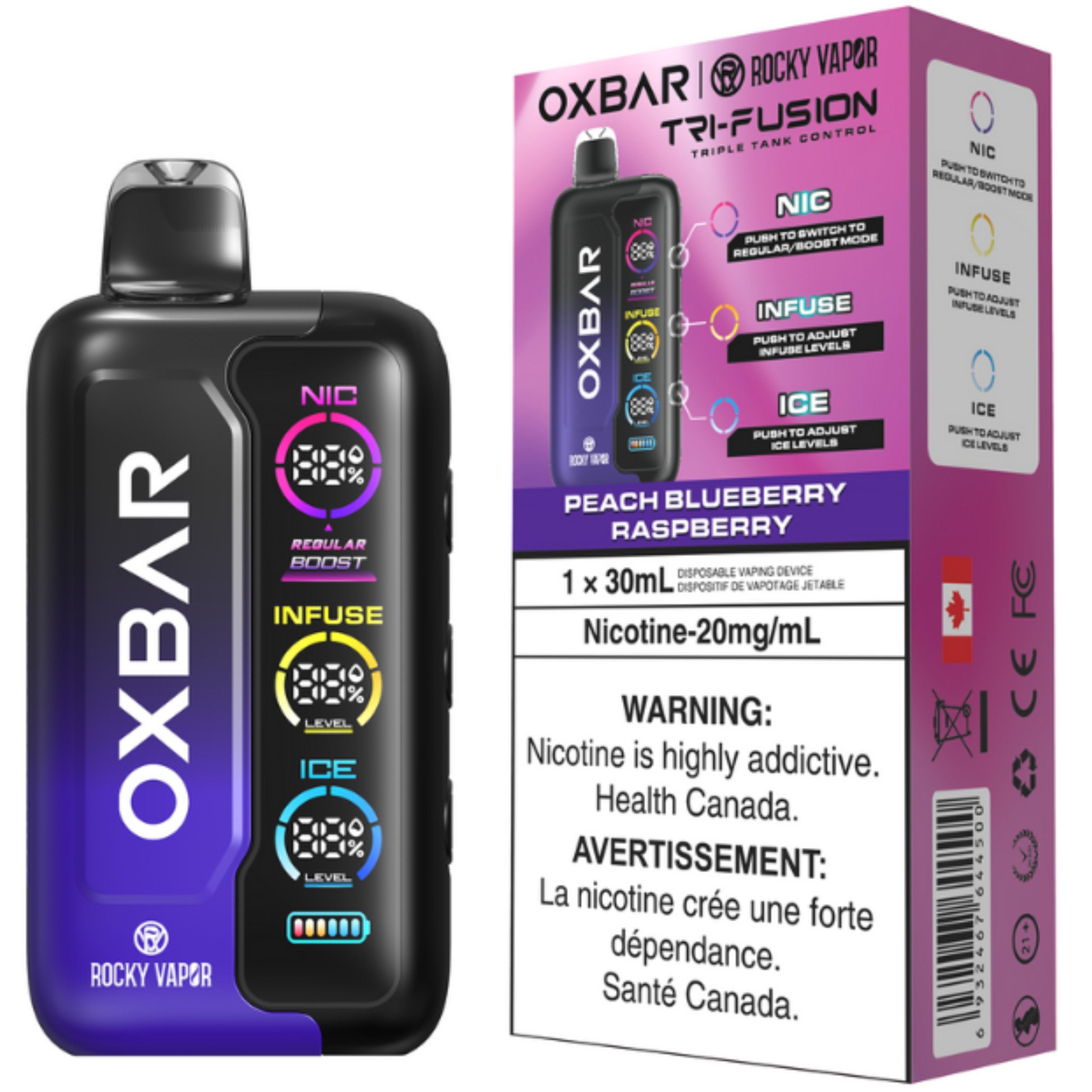 rocky vapor oxbar tri fusion disposable vape peach blueberry raspberry rocky vapor oxbar tri fusion disposable vape peach blueberry raspberry